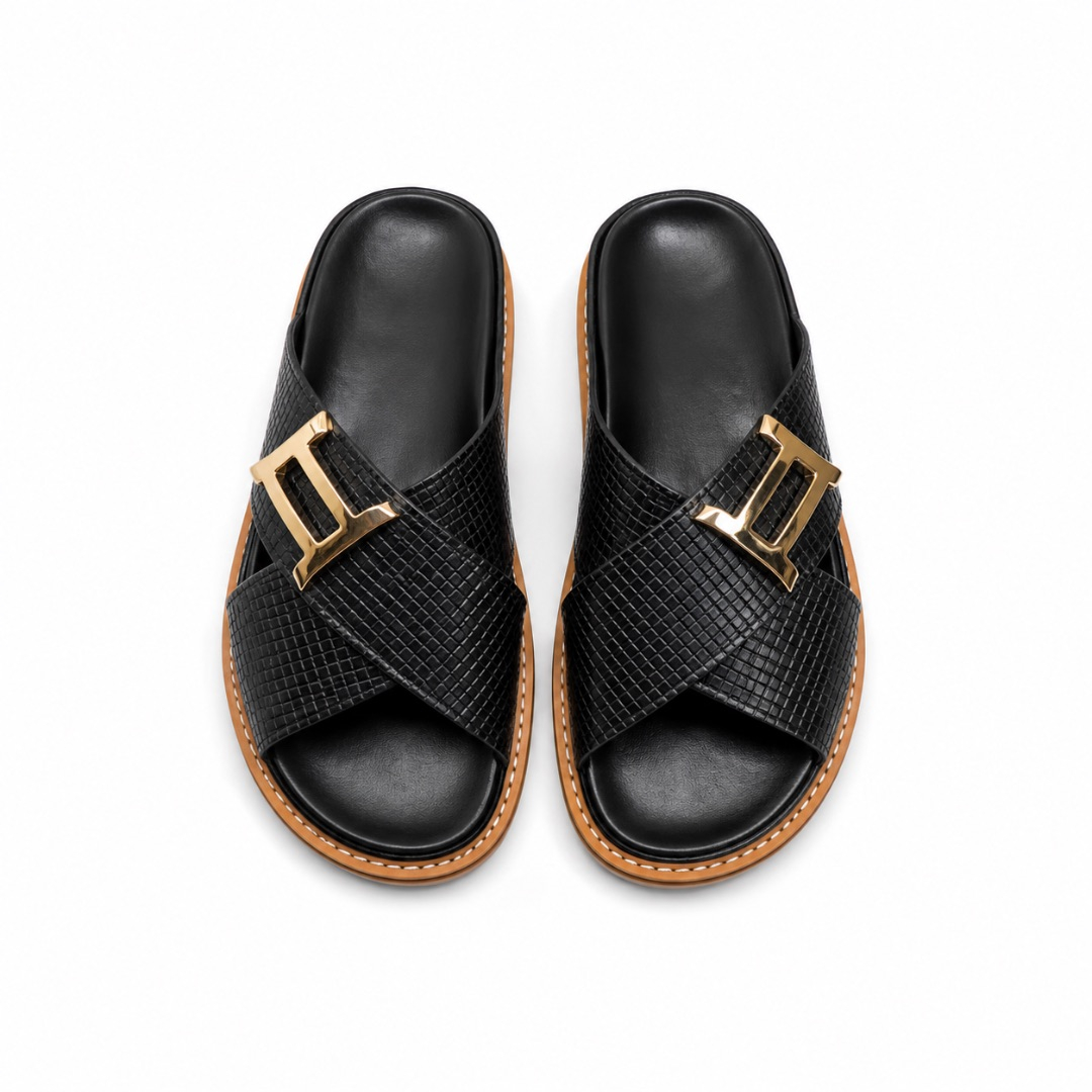 Mens Black Leather Slippers with Buckle Design